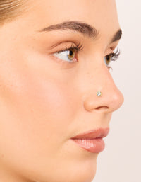 Showcasing gold plated titanium bezel threadless flat back nose studs with bar detail, balls accent, diamond embellishment, and hoop closure nose view - link has visual effect only
