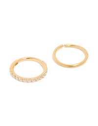 Featuring gold plated surgical steel cubic zirconia hinged and plain nose rings in a 2-pack with hoop closure detail view - link has visual effect only
