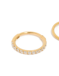 Featuring gold plated surgical steel cubic zirconia hinged and plain nose rings in a 2-pack with hoop closure detail view - link has visual effect only