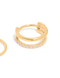 Close-up view of gold plated surgical steel nose rings with cubic zirconia in a 2-pack close up view - link has visual effect only