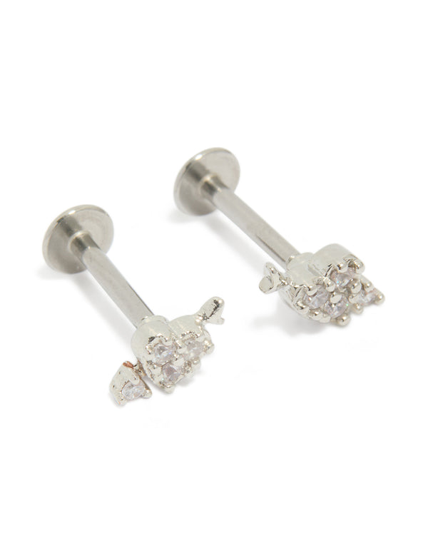 Featuring heart arrow flat back studs earrings crafted from surgical steel with cubic zirconia in silver with a front view
