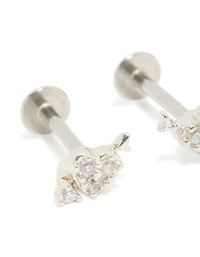 Presenting heart arrow flat back stud earrings crafted from surgical steel with cubic zirconia in silver with a close up view - link has visual effect only