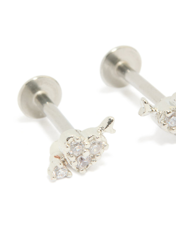 Presenting heart arrow flat back stud earrings crafted from surgical steel with cubic zirconia in silver with a close up view