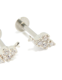 Highlighting heart arrow flat back stud earrings crafted from surgical steel with cubic zirconia in silver with a post detail view - link has visual effect only