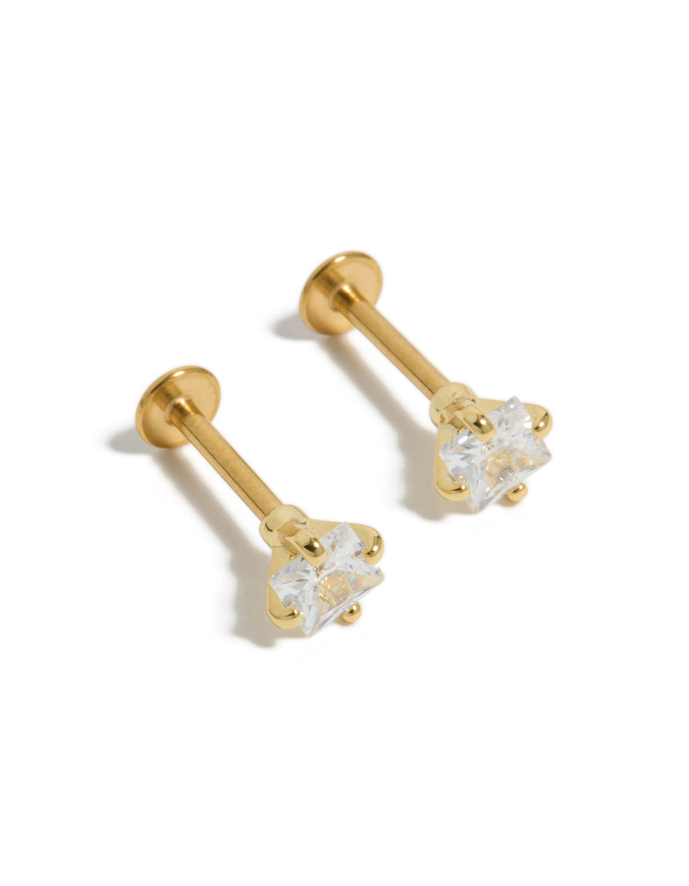Elegant studs with gold plated surgical steel and cubic zirconia having flat back front view