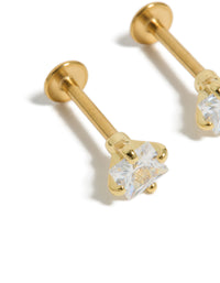 Crafted from gold plated surgical steel featuring cubic zirconia with flat back clear stone stud close up view - link has visual effect only