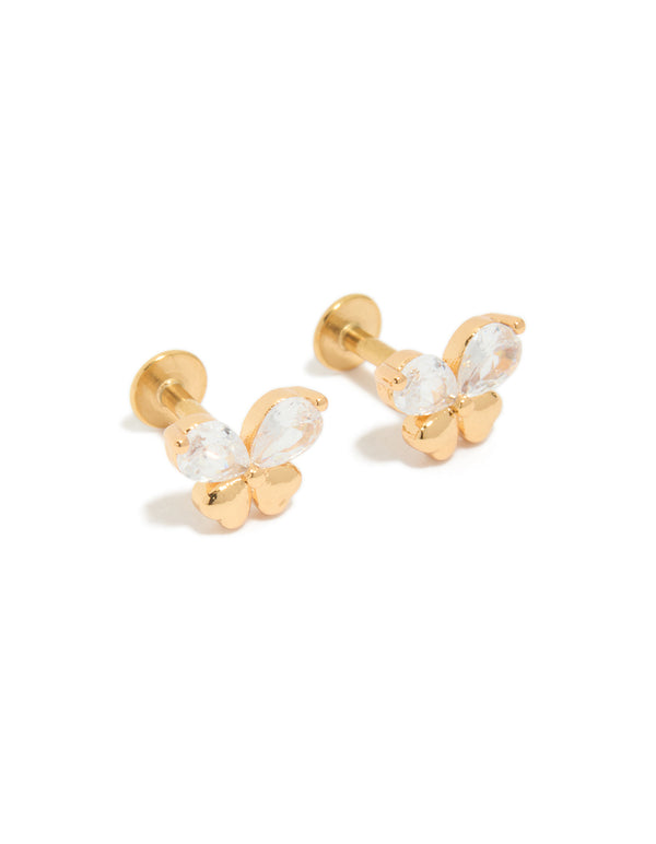 Crafted from gold plated surgical steel, these butterfly studs with flat back featuring cubic zirconia in clear front view