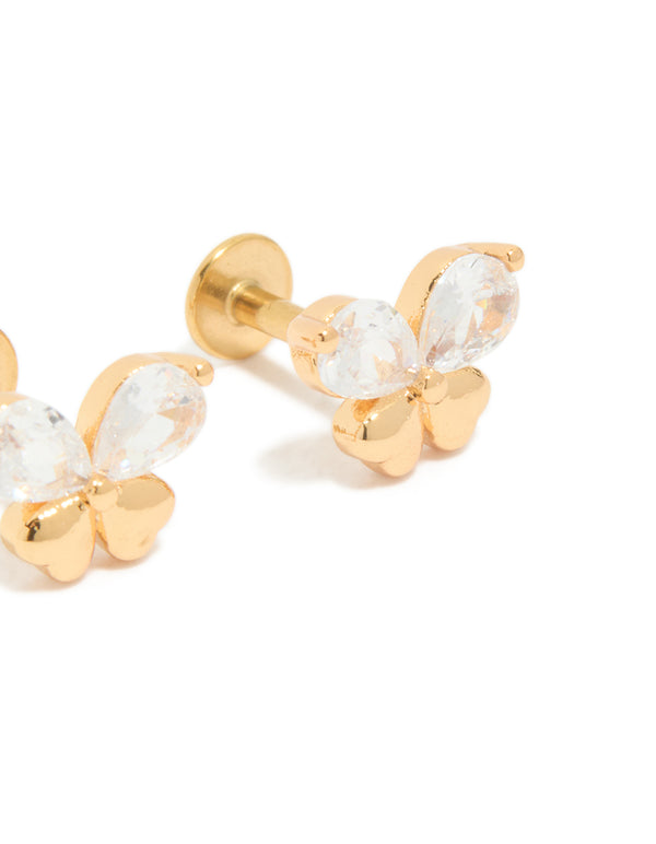 Highlighting butterfly design, these studs with gold plated surgical steel and flat back featuring cubic zirconia in a post detail view