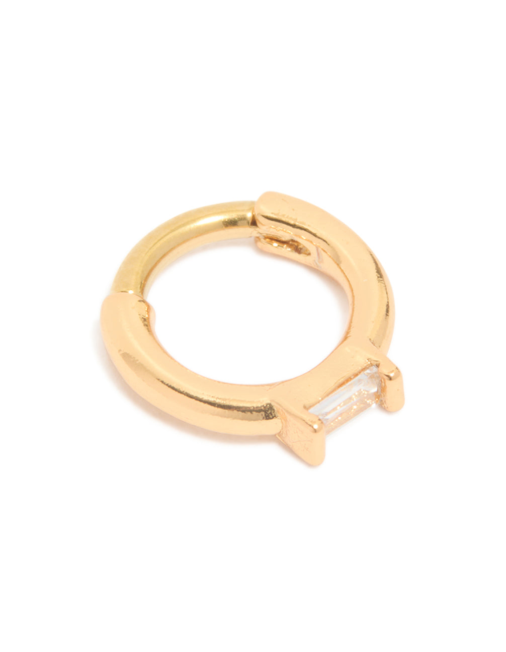 Showcasing a gold plated surgical steel rectangle cubic zirconia baguette clicker ring in clear stone side view