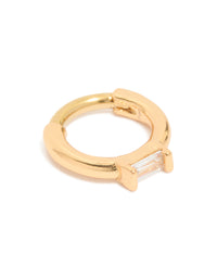 Showcasing a gold plated surgical steel rectangle cubic zirconia baguette clicker ring in clear stone side view - link has visual effect only