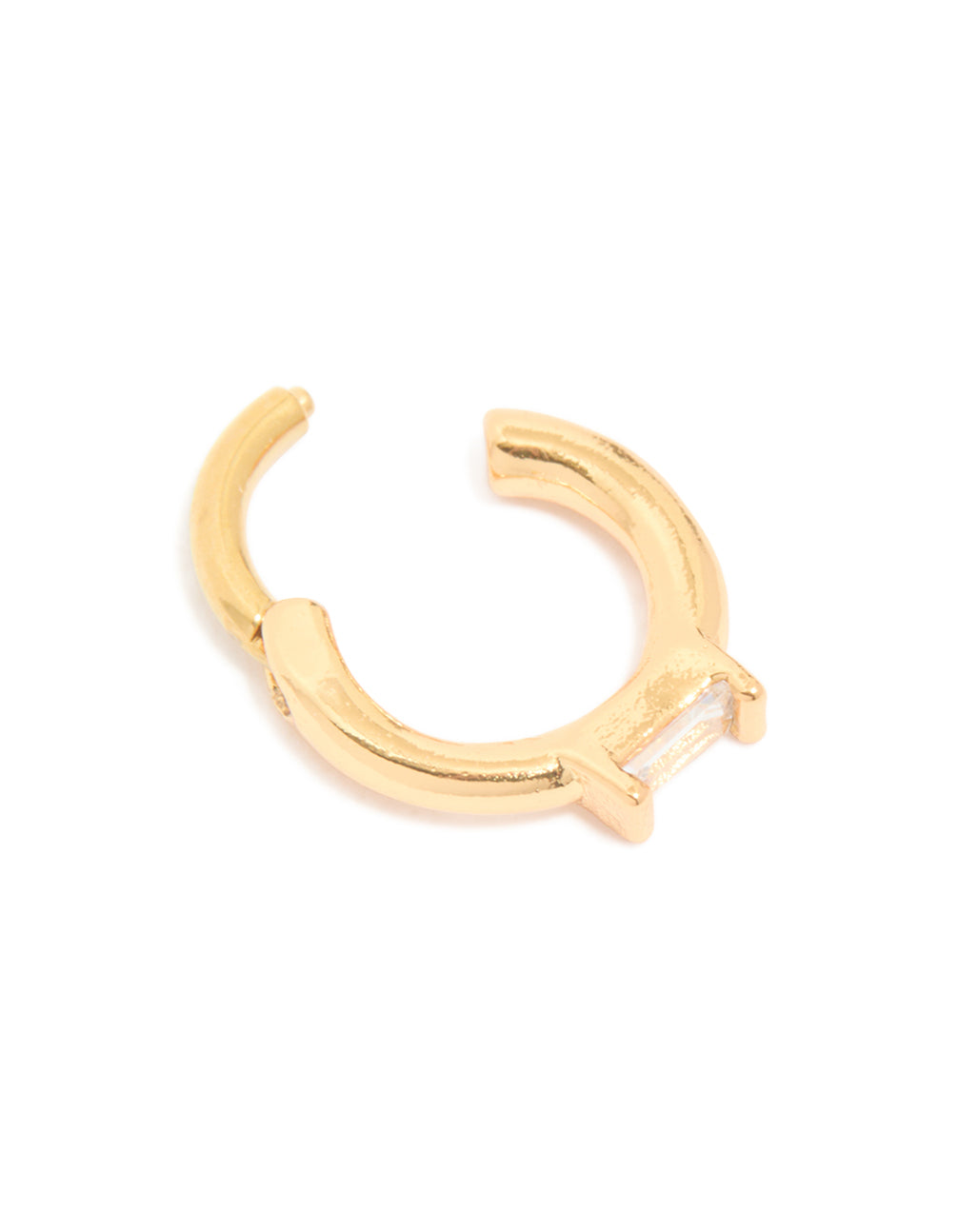 Stunning gold plated surgical steel rectangle cubic zirconia baguette clicker ring featuring open closure detail view