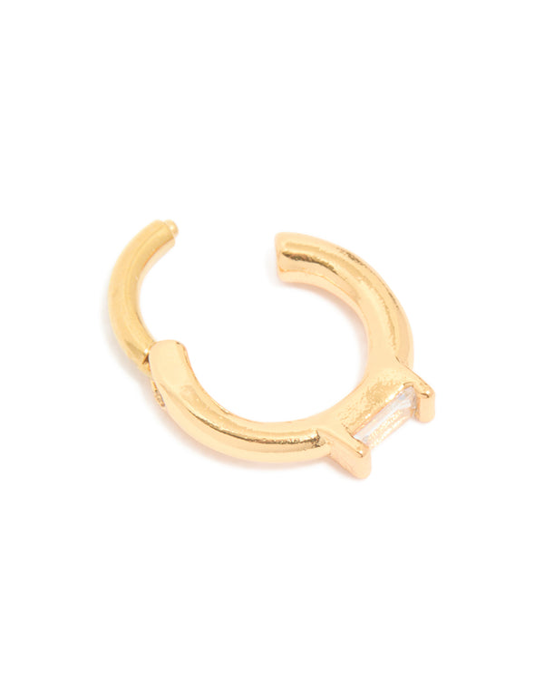 Stunning gold plated surgical steel rectangle cubic zirconia baguette clicker ring featuring open closure detail view