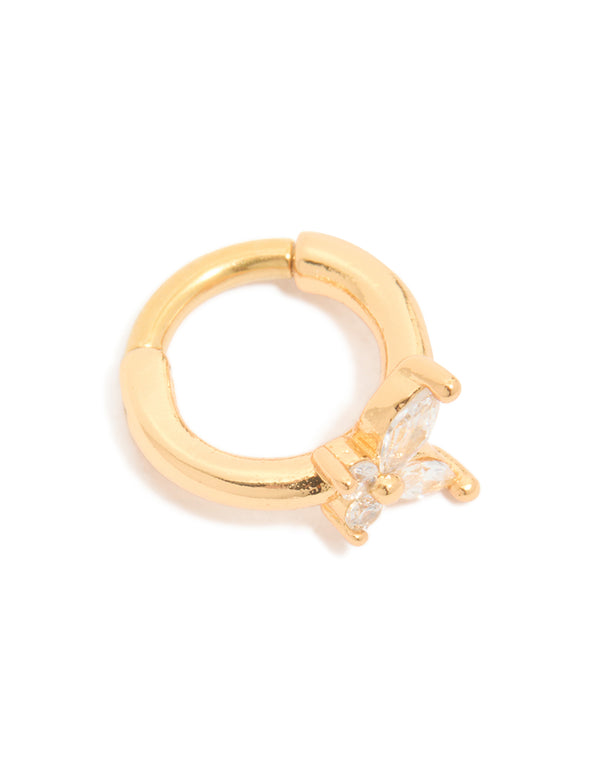 Featuring a butterfly clicker ring crafted from surgical steel and clear cubic zirconia in gold and dainty styling with hoop closure detail view