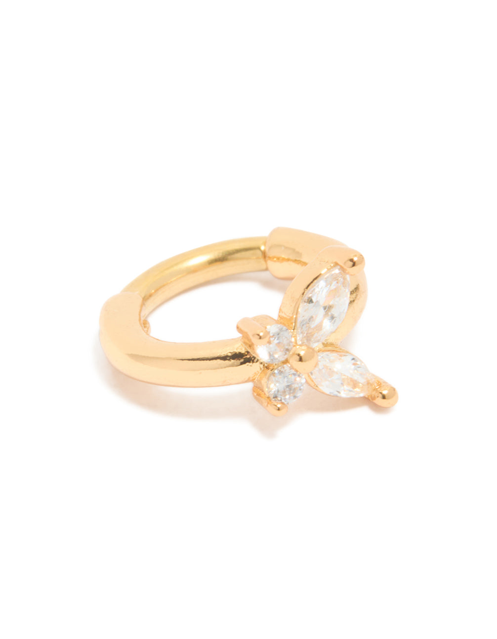 Featuring a butterfly clicker ring crafted from surgical steel and clear cubic zirconia in gold and dainty styling with hoop closure detail view