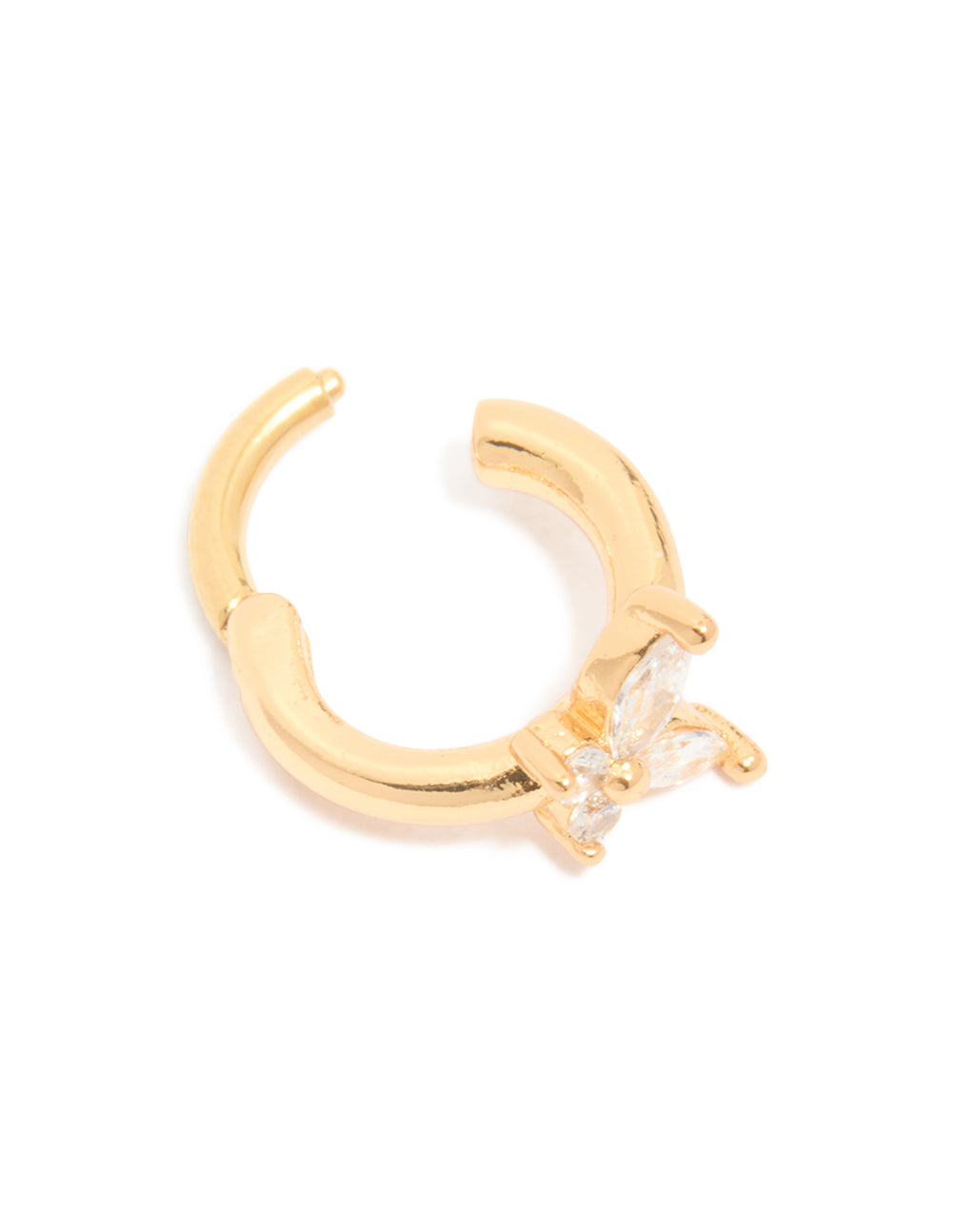 Featuring a butterfly clicker ring crafted from surgical steel and clear cubic zirconia in gold and dainty styling with hoop closure detail view