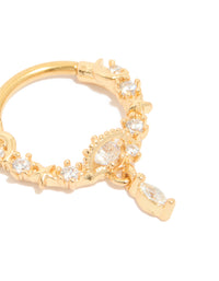 Celestial hoop clicker ring with cubic zirconia, star details, and gold plated surgical steel construction close up view - link has visual effect only