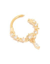 Elegant gold plated surgical steel cubic zirconia planet drop clicker ring with celestial star accents in detail view - link has visual effect only