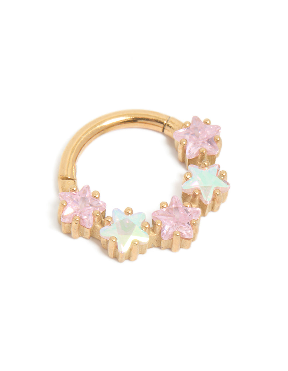 Showcasing a celestial star clicker ring crafted from gold plated surgical steel with pink cubic zirconia and pale turquoise accents front view
