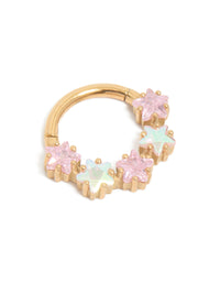 Showcasing a celestial star clicker ring crafted from gold plated surgical steel with pink cubic zirconia and pale turquoise accents front view - link has visual effect only