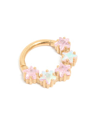 Showcasing a celestial star clicker ring crafted from gold plated surgical steel with pink cubic zirconia and pale turquoise accents front view - link has visual effect only