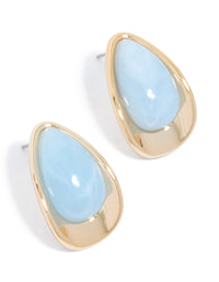 Gold Light Blue Beaded Pear Stud Earrings - link has visual effect only