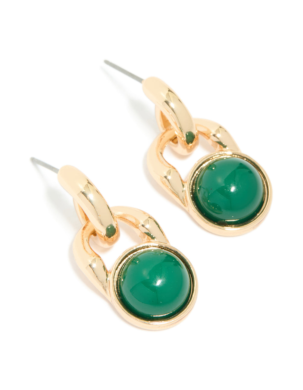 Gold Dark Green Stone Round Doorknocker Stud Earrings