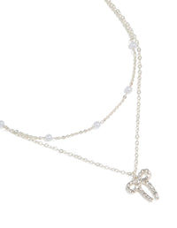 Silver Pearl & Diamante Bow Layered Necklace - link has visual effect only