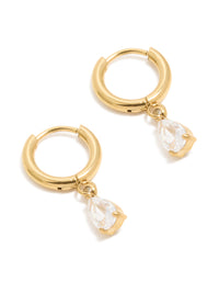 Waterproof Gold Plated Stainless Steel Cubic Zirconia Pear Charm Huggie Earrings - link has visual effect only