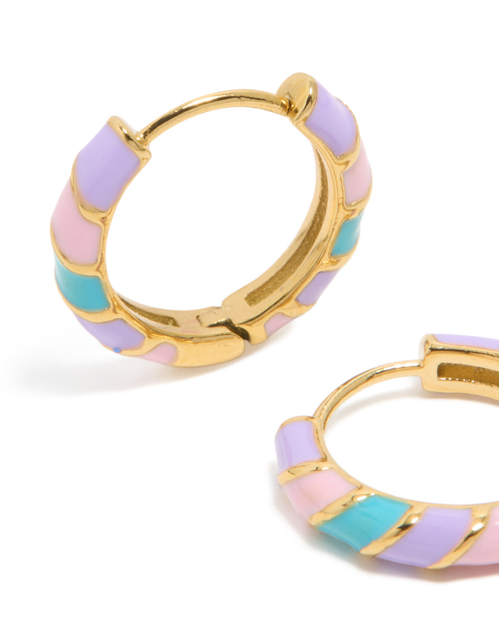 Featuring kids waterproof, gold plated, stainless steel, striped, white and purple, enamel huggie earrings in a close up view