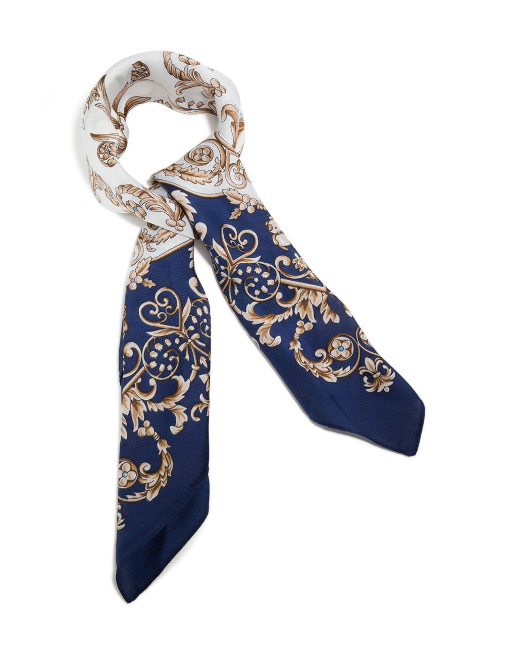 Showcasing a dark blue and white baroque flower polyester fabric scarf featuring leaf and floral patterns in navy, tan, and gold front view