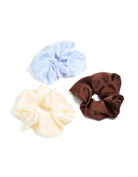 White, Blue & Brown Satin Fabric Scrunchie 3-Pack - link has visual effect only
