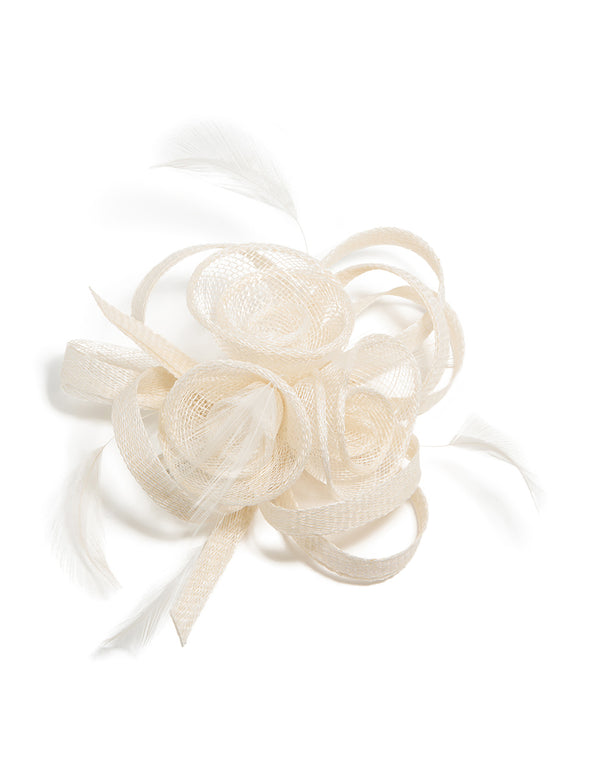 White Sinamay Fabric Feather Swirl Hair Clip