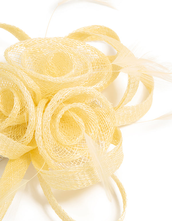 Yellow Sinamay Fabric  Swirl & Feather Hair Clip