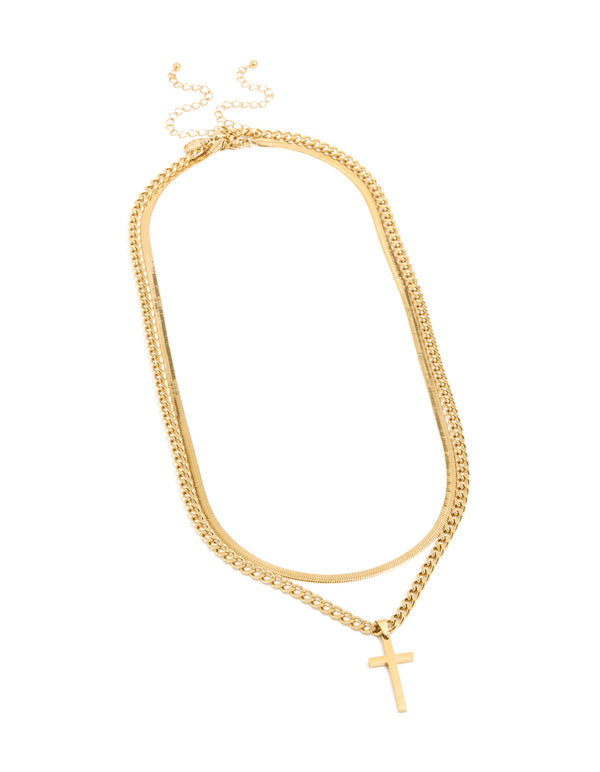 Mens Waterproof Gold Plated Stainless Steel Cross & Snake Chain Layered Necklace