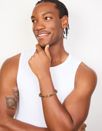 Designed with a mens waterproof stainless steel tiger's eye beaded bracelet on model view - link has visual effect only