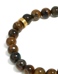 Highlighting mens waterproof stainless steel tiger's eye beaded bracelet in close up view - link has visual effect only