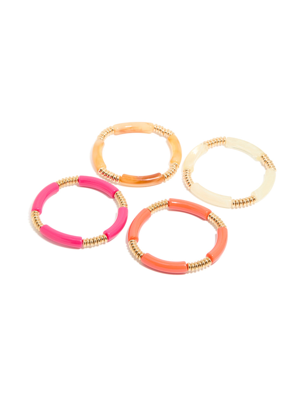 Featuring brown and pink acrylic stretch bracelets in a 4-pack with gold accents front view