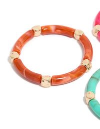 Worn Gold Pink & Turquoise Acrylic Stretch Link Bracelets 3-Pack - link has visual effect only