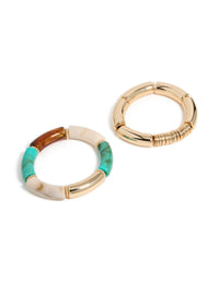 Gold With Rings & Acrylic  Stretch Bracelets 2-Pack - link has visual effect only
