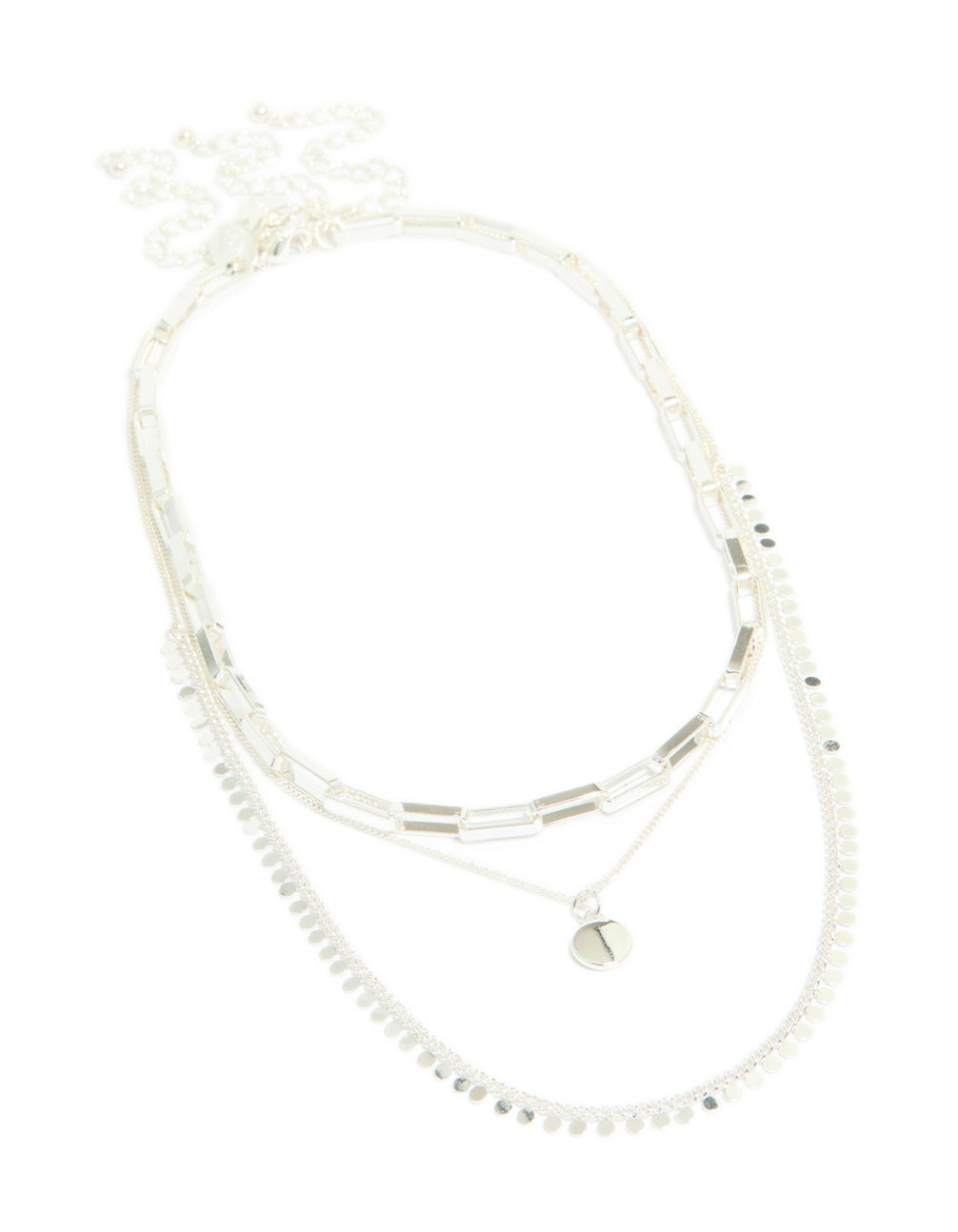 Featuring a disc chain layered necklace in silver plated material with statement style close up view