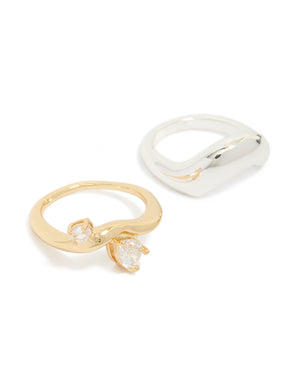 Discover mixed metal plated cubic zirconia chunky wave rings in a 2-pack on finger view