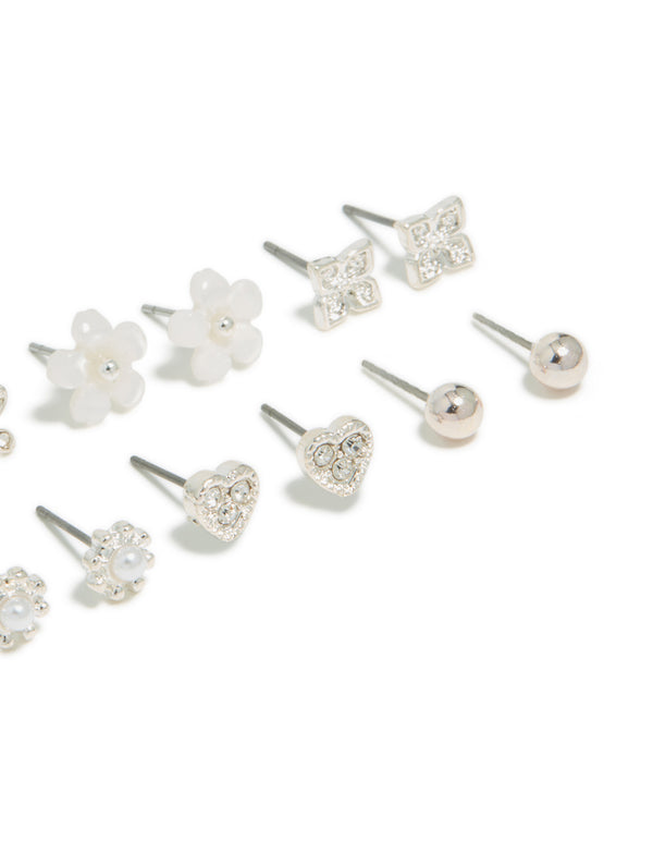 Silver Pearl Flower & Butterfly Earrings 8-Pack