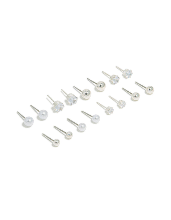 Silver Mixed Basic Stud Earrings 8-Pack