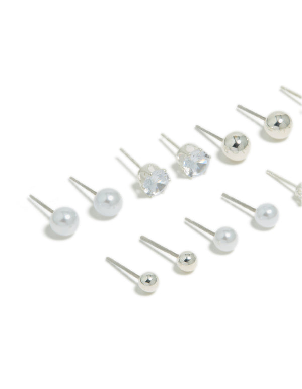 Silver Mixed Basic Stud Earrings 8-Pack