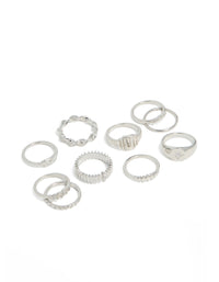 Showcasing silver signet ribbed and twisted rings 10-pack featuring celestial star details in statement style front view - link has visual effect only