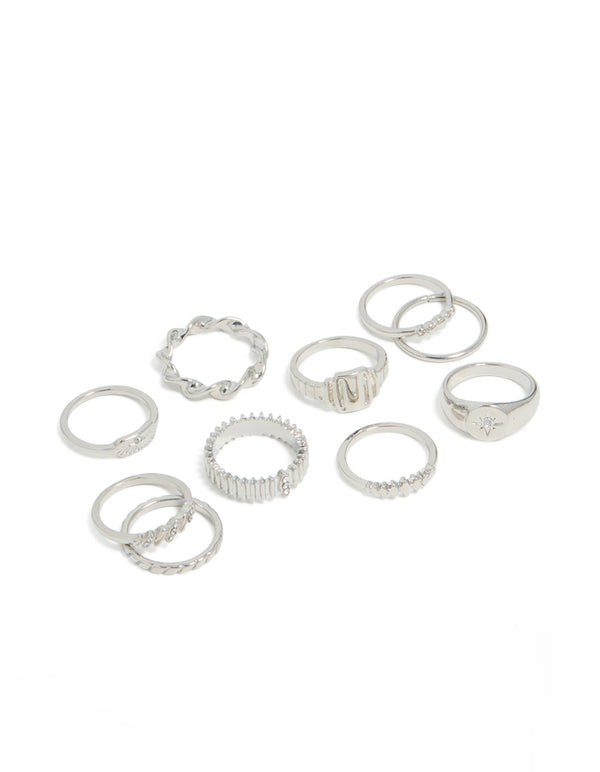 Showcasing silver signet ribbed and twisted rings 10-pack featuring celestial star details in statement style front view