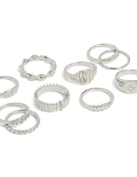 Crafted from silver signet ribbed and twisted rings 10-pack with celestial star details in statement style detail view - link has visual effect only