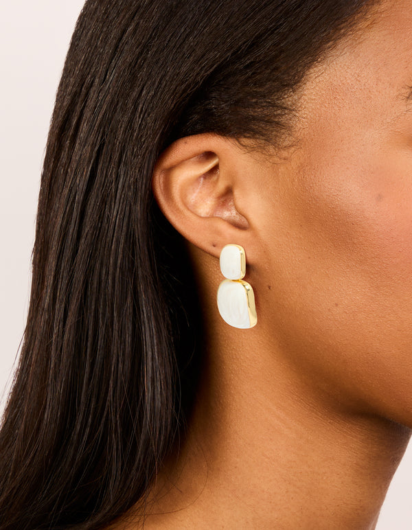 Gold Plated Cream Enamel Statement Drop Earrings
