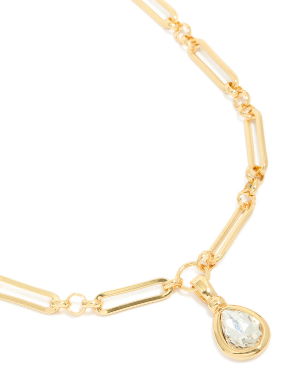 Gold Plated Diamante Bezel Teardrop Chain Necklace