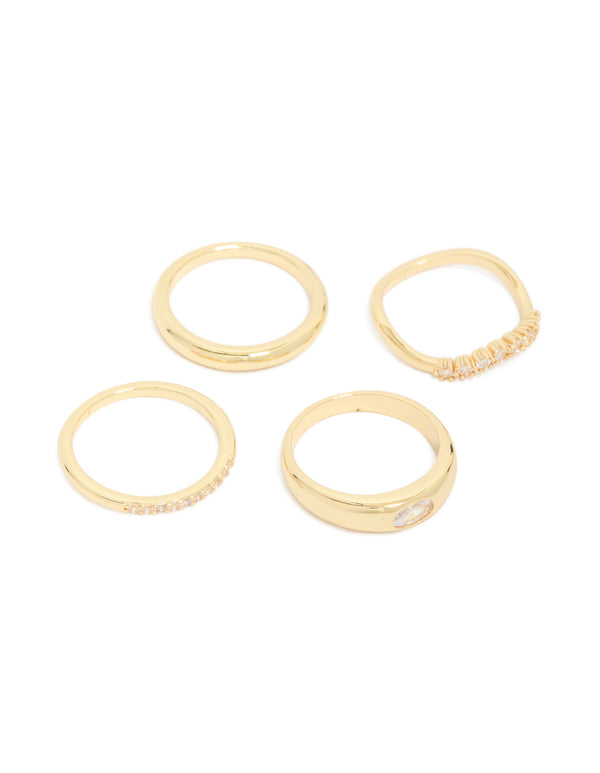 Gold Plated Cubic Zirconia & Plain Rings 4-Pack